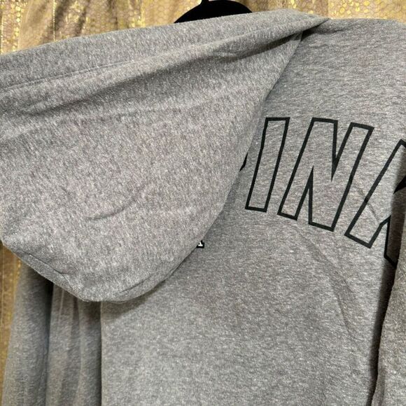 PINK Victorias Secret Soft Stertchy Gray Love Pink Lace Up Hooded Sweater Medium - Picture 7 of 8